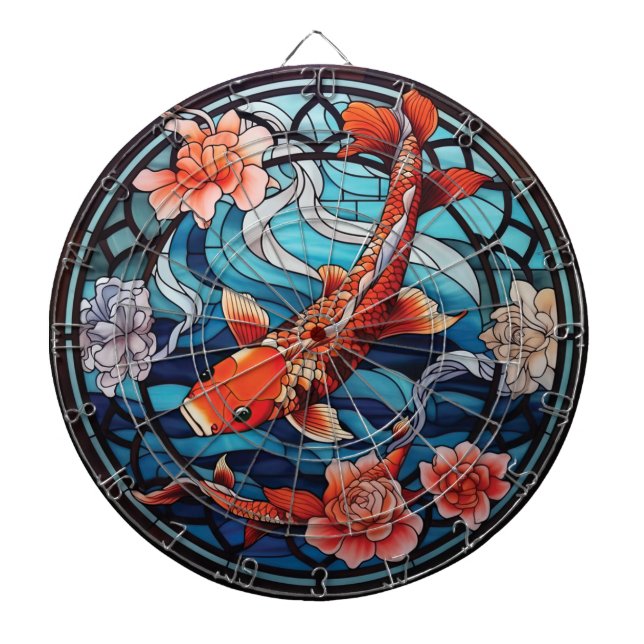 Stained Glass Asian Style Koi Fish and Camellias Dartboard (Front)