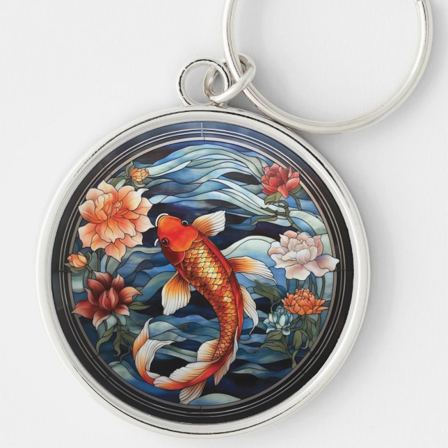 Stained Glass Asian Style Koi Fish and Camellias Key Ring (Front)