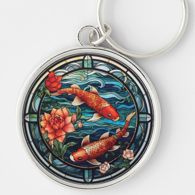 Stained Glass Asian Style Koi Fish and Camellias Key Ring (Front)