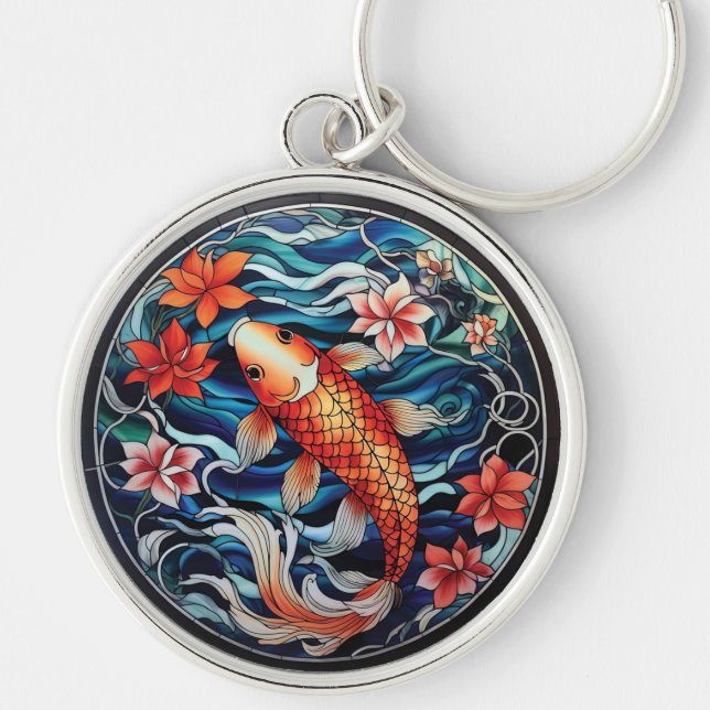 Stained Glass Asian Style Koi Fish and Camellias Key Ring (Front)