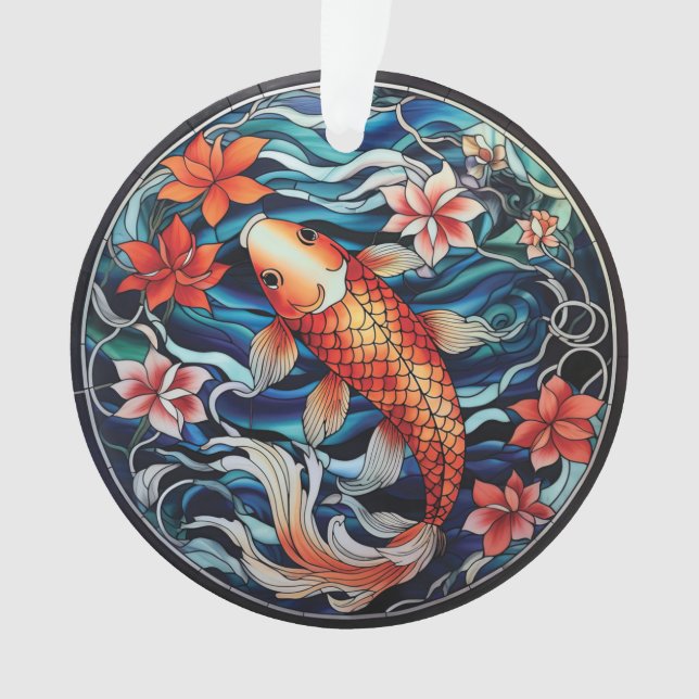 Stained Glass Asian Style Koi Fish and Camellias Ornament (Front)
