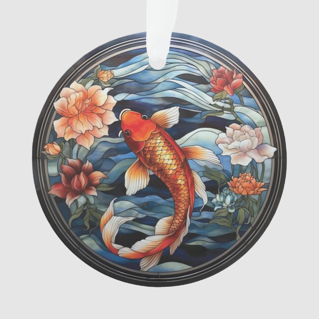 Stained Glass Asian Style Koi Fish and Camellias Ornament (Front)