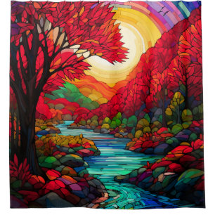 “Stained Glass Autumn River” Shower Curtain