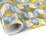 Stained Glass Baby Blocks in Blue and Gold Wrapping Paper<br><div class="desc">This gorgeous glossy wrapping paper by IconDoIt takes the traditional Amish Quilt Pattern "Baby Blocks" (which creates the optical illusion of 3-D blocks stacked one upon another) and, rather than calico fabric, uses intricate marbleised art glass to form the blocks in shades of blue, white and gold. For an elegant,...</div>