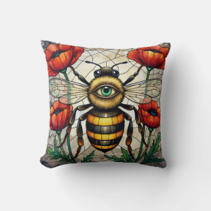 Stained Glass Bee Eye Poppies Whimsical Insect Art Cushion