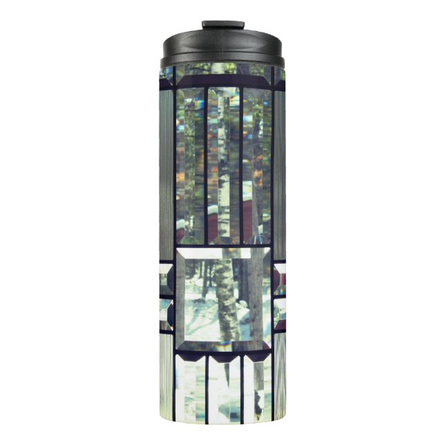 stained glass beveled birch tree silver black thermal tumbler (Front)