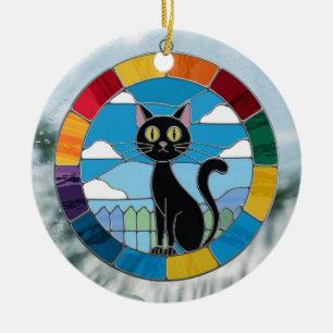 Stained Glass, Black Cat Colourful Stained Glass Ceramic Ornament