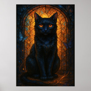 Stained Glass Black Cat Fantasy Artwork Poster