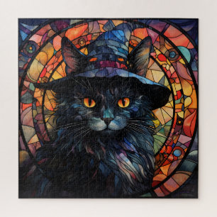 Stained Glass Black Cat Jigsaw Puzzle