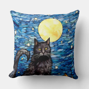 Stained Glass Black Cat Starry Night Cushion