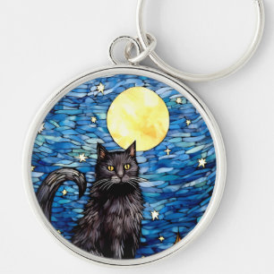 Stained Glass Black Cat Starry Night Key Ring