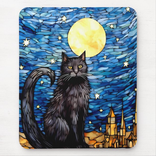 Stained Glass Black Cat Starry Night Mouse Pad (Front)