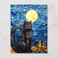 Stained Glass Black Cat Starry Night