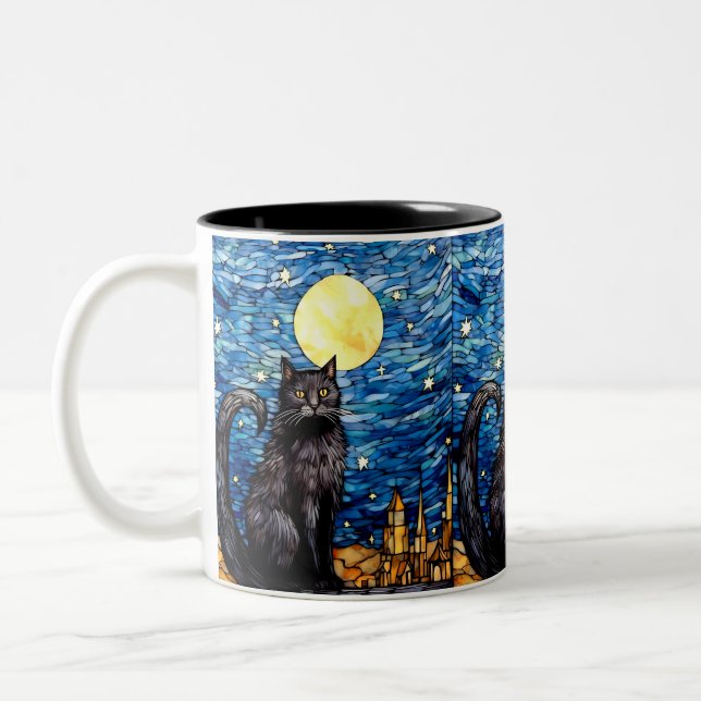 Stained Glass Black Cat Starry Night Two-Tone Coffee Mug (Left)
