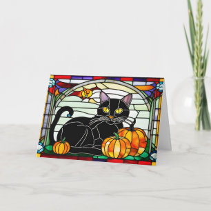 Stained Glass Black Cat with Pumpkins Holiday Card