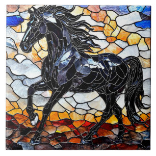 Stained glass black horse ceramic tile