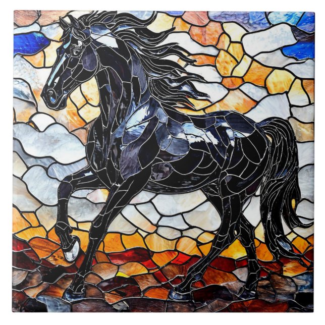 Stained glass black horse ceramic tile (Front)