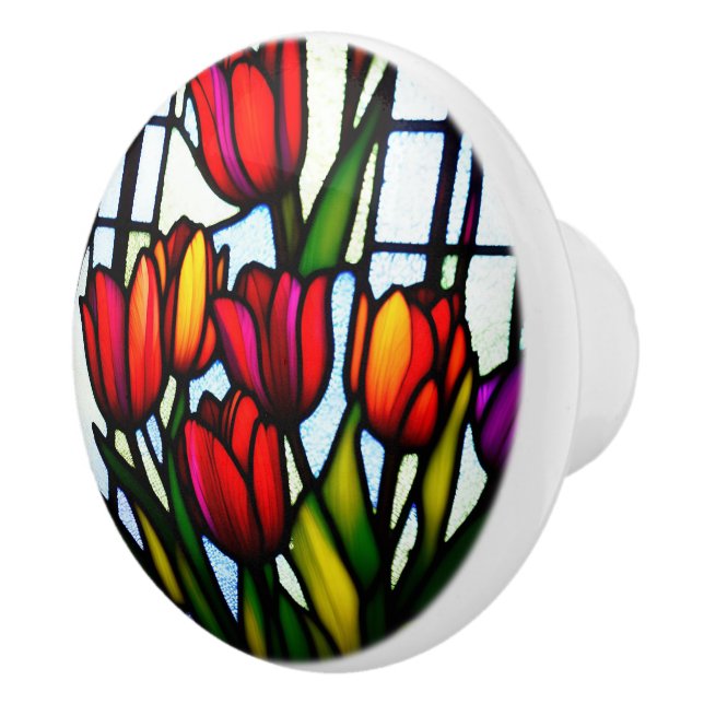 "Stained Glass Blooms: Leadlight Tulips in Color" Ceramic Knob (Right)