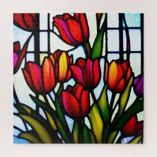 "Stained Glass Blooms: Leadlight Tulips in Color" Jigsaw Puzzle