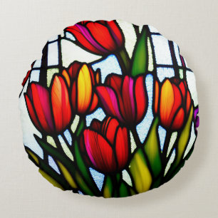 "Stained Glass Blooms: Leadlight Tulips in Color" Round Cushion