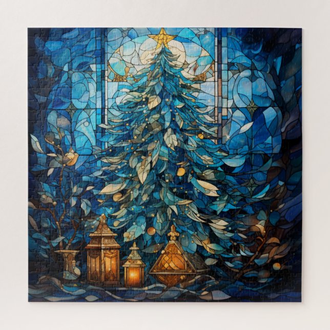 Stained Glass Blue Christmas Puzzle (Vertical)