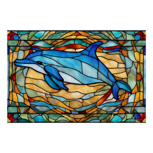 Stained Glass Blue Dolphin  Poster