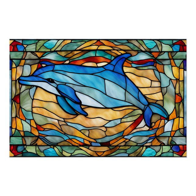 Stained Glass Blue Dolphin  Poster (Front)
