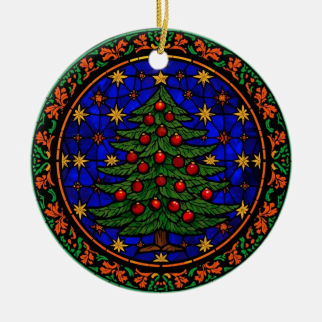Stained Glass Blue Night Christmas Tree Ceramic Ornament (Front)