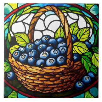 Stained Glass Blueberry Basket  Ceramic Tile