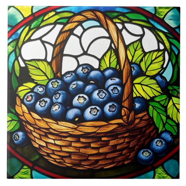 Stained Glass Blueberry Basket  Ceramic Tile (Front)