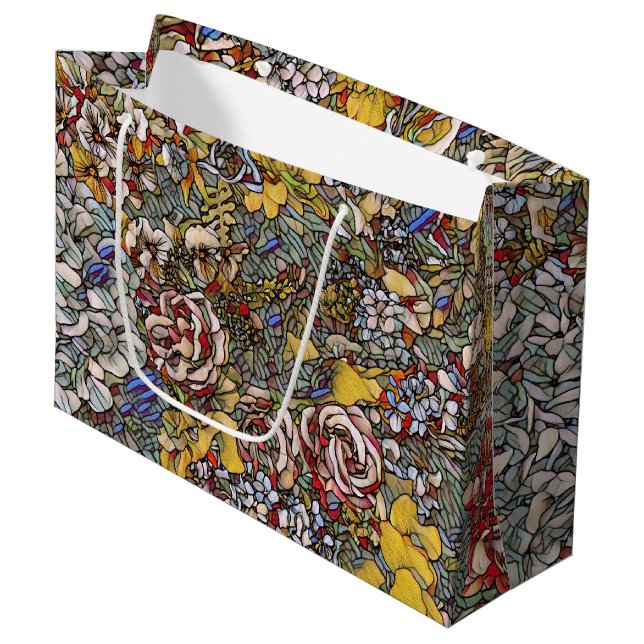 Stained Glass Botanical Floral Large Gift Bag (Front Angled)