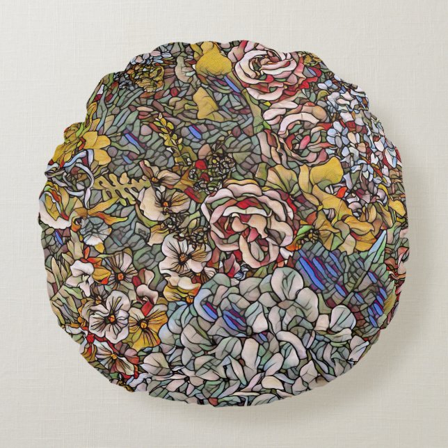 Stained Glass Botanical Floral Round Cushion (Front)