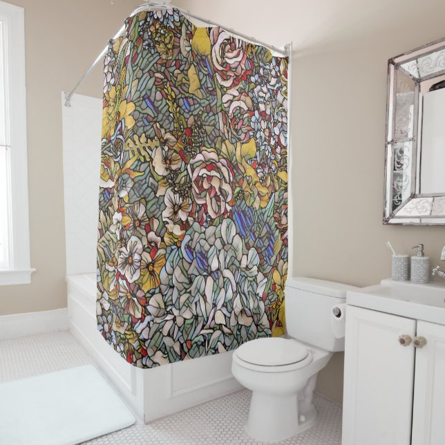 Stained Glass Botanical Floral Shower Curtain (In Situ)