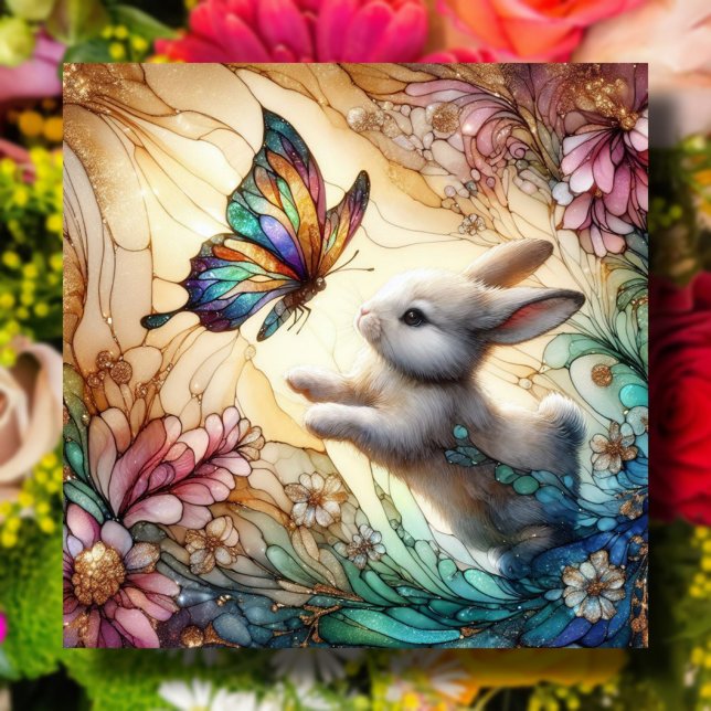 Stained Glass Bunny Rabbit And Butterflies Easter  Holiday Card (Creator Uploaded)
