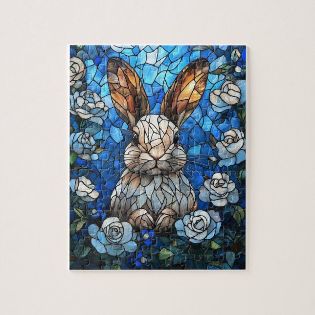 Stained Glass Bunny with White Roses – Jigsaw Puzz Puzzle (Vertical)