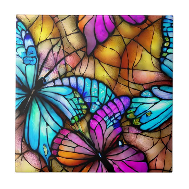 Stained Glass Butterflies Ceramic Tile (Front)