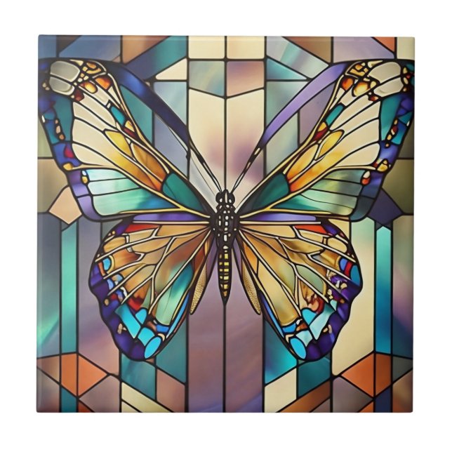 Stained Glass Butterfly Ceramic Tile (Front)