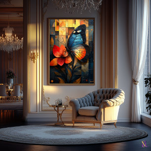 Stained Glass Butterfly on a Vibrant Flower Poster
