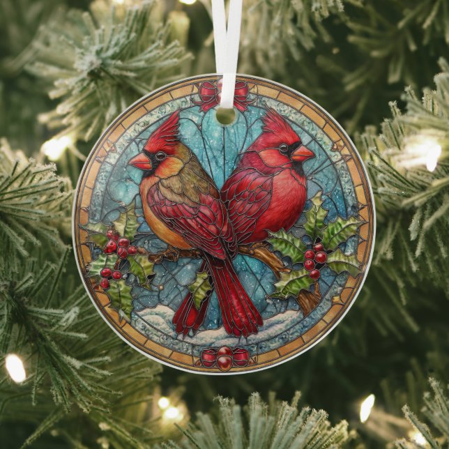 Stained Glass Cardinals on Holly Branch  Tree Decoration (Insitu)