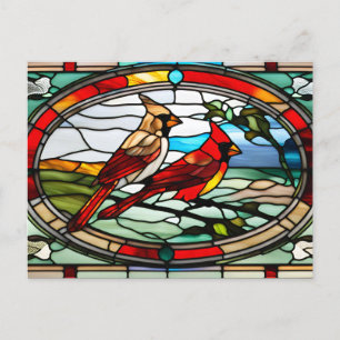 Stained Glass Cardinals on Tree Branch Holiday Postcard