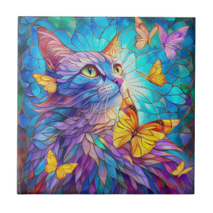 Stained Glass Cat 730 blue yellow butterflies Ceramic Tile