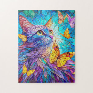 Stained Glass Cat 730 blue yellow butterflies Jigsaw Puzzle