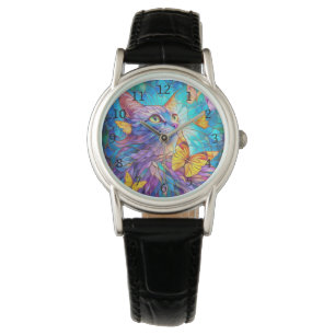 Stained Glass Cat 730 blue yellow butterflies Watch