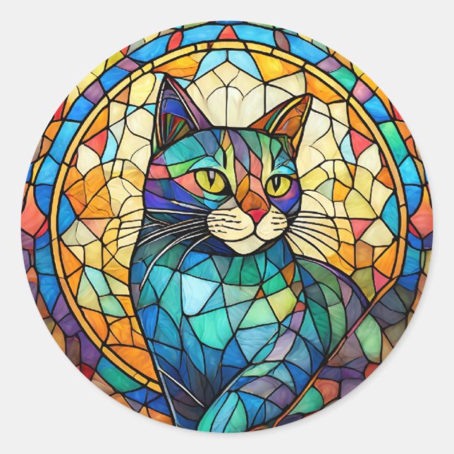 Stained Glass Cat Classic Round Sticker (Front)