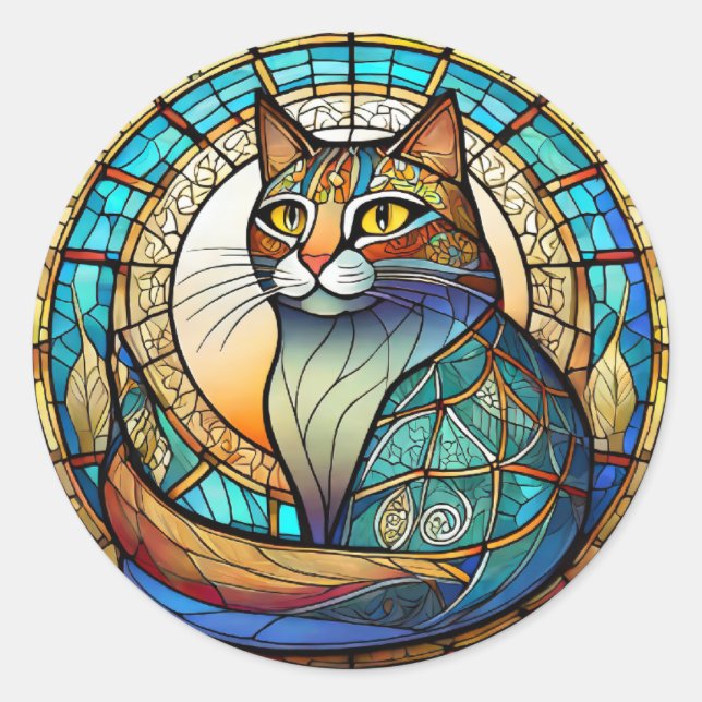 Stained Glass Cat Classic Round Sticker (Front)