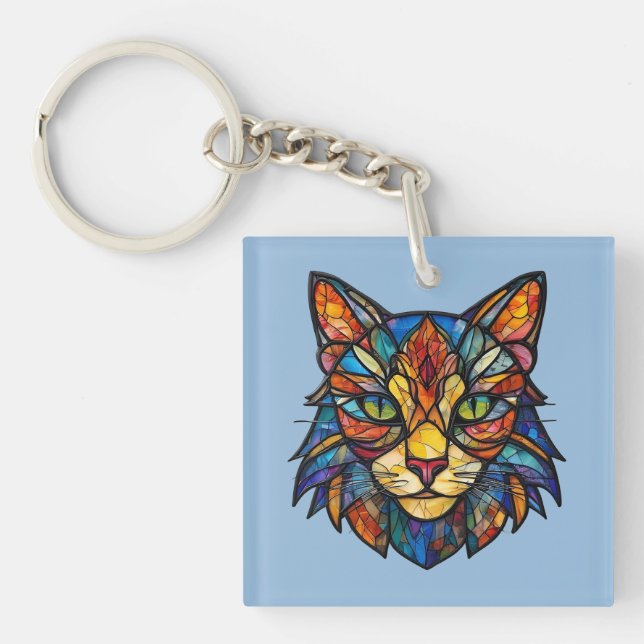 Stained Glass Cat Detailed Face Key Ring (Front)
