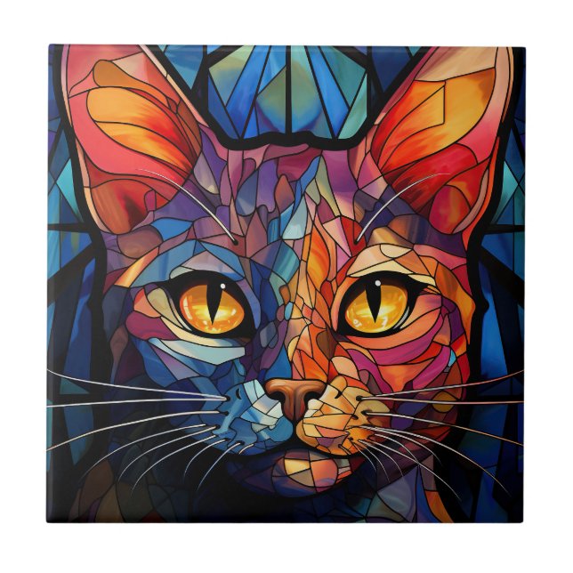 Stained Glass Cat illustration Ceramic Tile (Front)