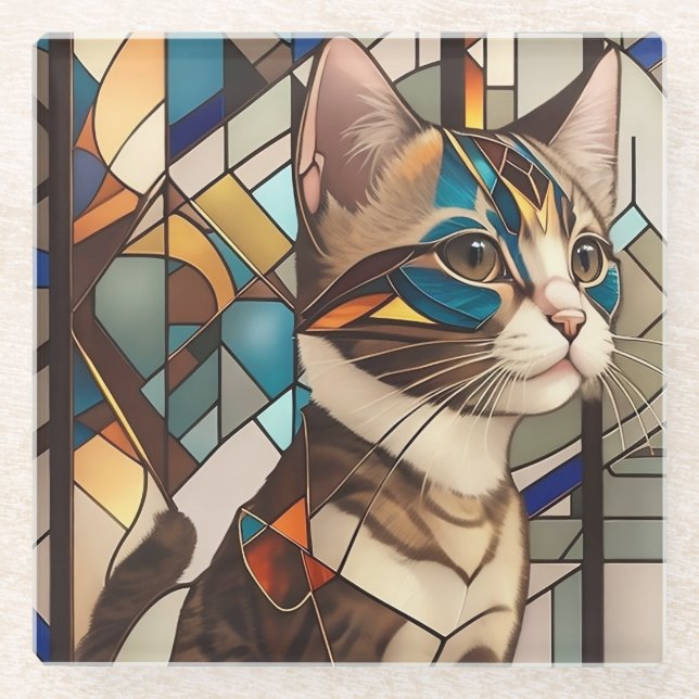 Stained Glass Cat Illustration Glass Coaster (Front)