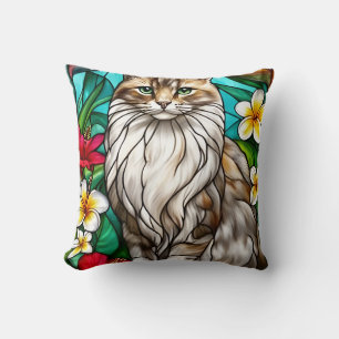 Stained-Glass Cat Portrait Elegant Longhair Cat Cushion