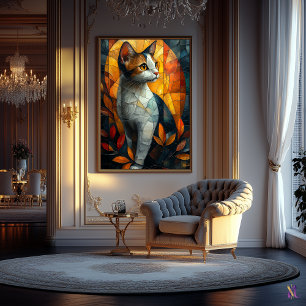 Stained Glass Cat with Autumn Glow Poster